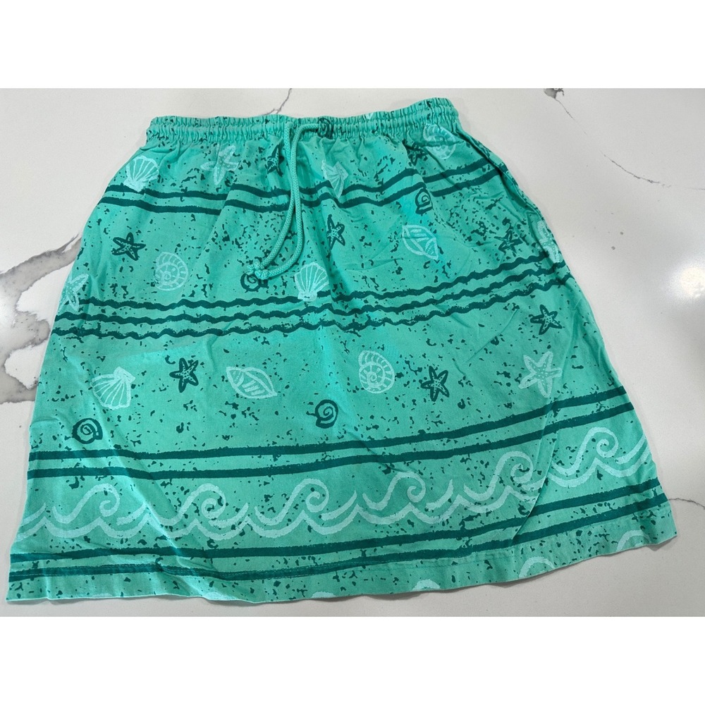 On White Womens Teal Green Starfish Seashell Cotton Skirt Size L Made in USA